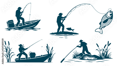 Fishing silhouettes set. Fisherman in boat, on water, catching fish. Outdoor sport, recreation, hobby, leisure activity.