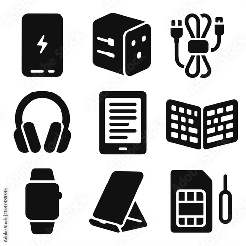 Tech Travel Icons. Solid style icons of tech travel essentials: power bank, universal adapter, cable organizer, noise-canceling