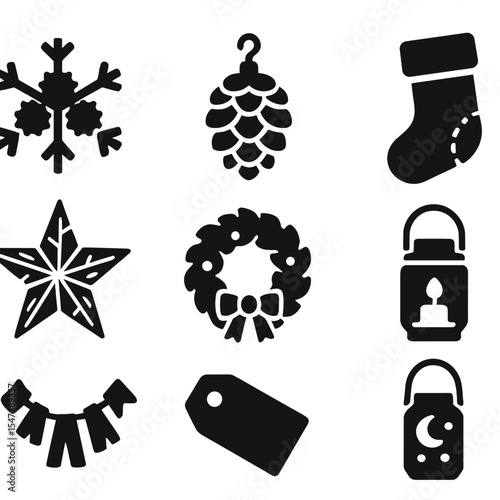 Upcycled Holiday Icons. Solid style icons of upcycled holiday décor: bottle cap snowflake, pinecone ornament, jar light decor,
