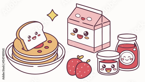 Cute Kawaii Sweet Breakfast Food Illustration with Pancakes, Toast, Milk, Jam, Strawberries. Happy Cartoon Characters.