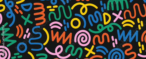 Memphis seamless geometric pattern. Multicolored abstract background in retro style of the 80s, 90s with various shapes: circles, dots, zigzags, spirals, wavy lines. eps 10