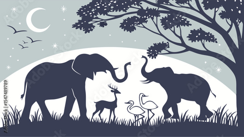 African wildlife silhouettes at night with elephants, deer, and birds under a moonlit sky. Nature landscape with trees.