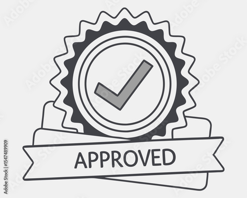 Approved badge vector illustration featuring check mark symbol and ribbon banner.