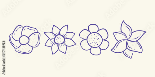 Top View Flower Head Sketches in Clean Hand-Drawn Vector Line Art Style. Vector art illustration isolated transparent background