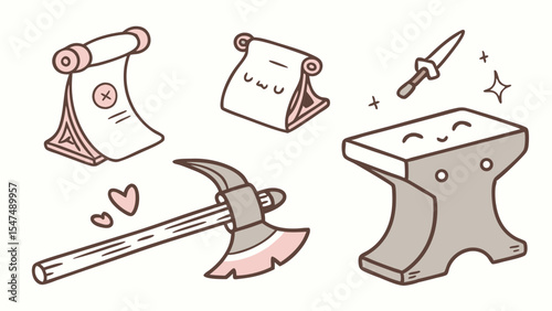 Cute cartoon fantasy tools and items. Anvil, axe, scrolls, dagger. Vector illustration for game design, RPG, crafting.