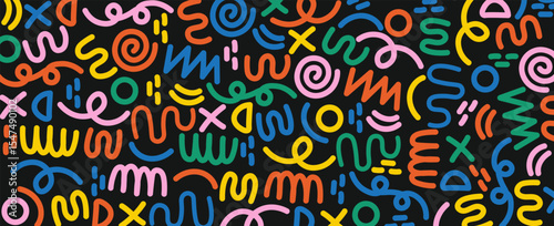 Memphis geometric seamless pattern. Multicolor abstract background in retro 80s, 90s style with various shapes: circles, semicircles, dots, zigzags, spirals, wavy lines. Cute kid doodle design.