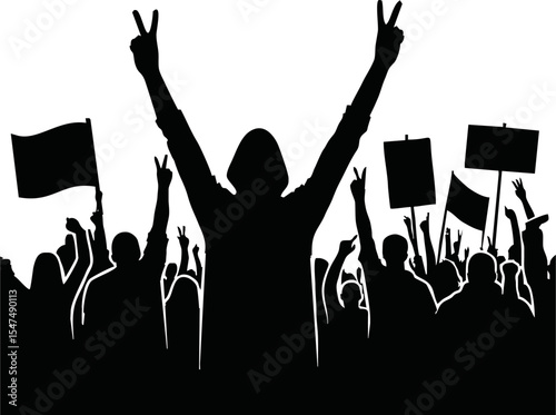 Group of people protesters vector silhouette illustration isolated. Man hand holding sign. Empty banner plate. Blank protest flag. Political agitation campaign. Demonstration social laborers rights
