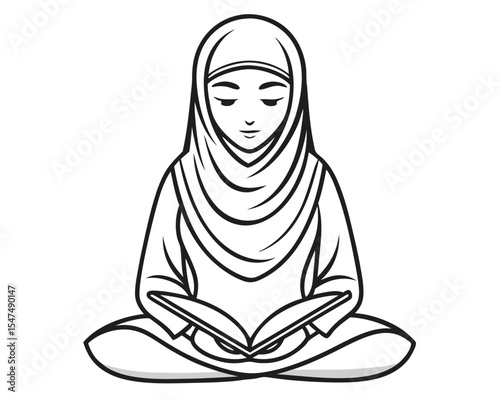 Muslim woman reading book in lotus position vector illustration simple black white design.