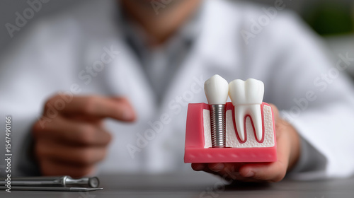 Dental professional showcasing implant fitting process with anatomical tooth model in clinical setting, dental implant, dentist, oral health, tooth model, dentistry, gum disease, root canal, jawbone, 