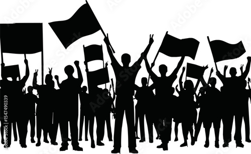 Group of people protesters vector silhouette illustration isolated. Man hand holding sign. Empty banner plate. Blank protest flag. Political agitation campaign. Demonstration social laborers rights