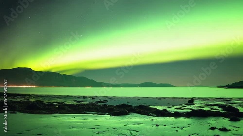 Majestic Northern Lights Over Serene Coastal Landscape at Night