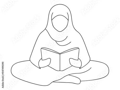 Minimalist line art illustration of a woman reading a book while wearing a hijab. woman, hijab, reading, book, study, knowledge.