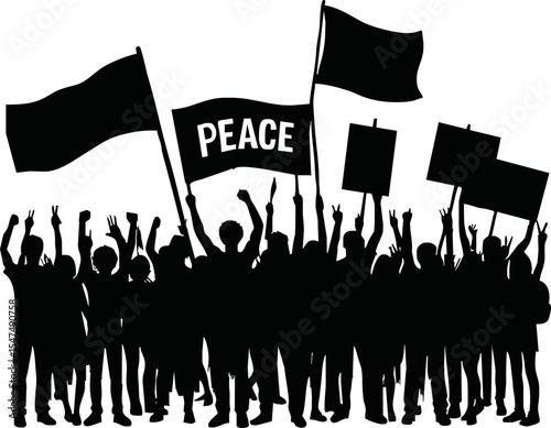 Group of people protesters vector silhouette illustration isolated. Man hand holding sign. Empty banner plate. Blank protest flag. Political agitation campaign. Demonstration social laborers rights