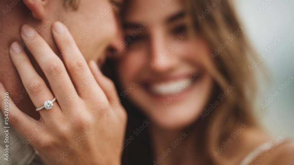 Man and woman smiling while showing engagement ring outdoors Man and woman smiling while showing engagement ring outdoors