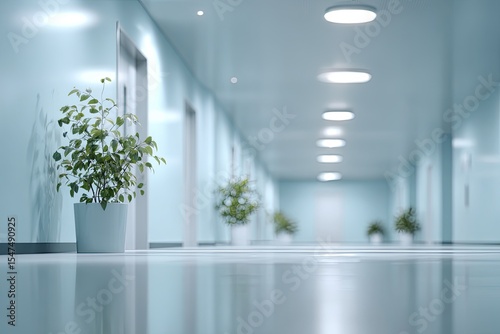 Clean, modern corridor with potted plants