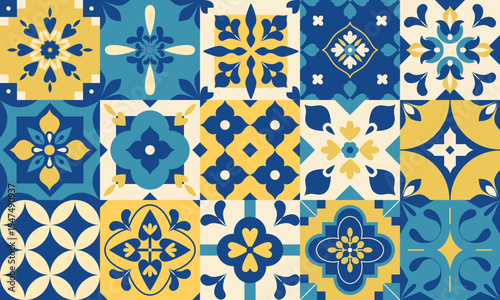 Mediterranean interior background. Abstract geometric tiles. Floral arabesque. Italian, Portuguese, Spanish blue and yellow pattern. Wall and floor interior design. Mosaic. Amalfi core. Vector.