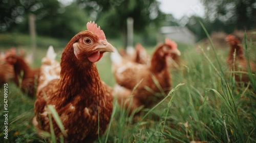 Chickens foraging in grass on a farm in natural environment  