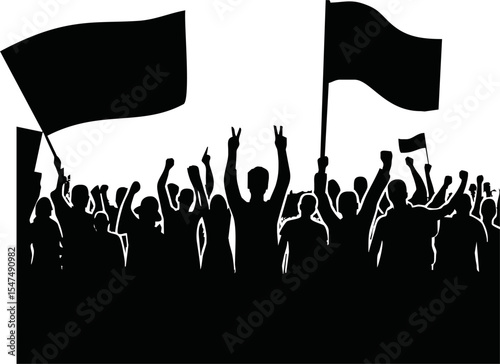 Group of people protesters vector silhouette illustration isolated. Man hand holding sign. Empty banner plate. Blank protest flag. Political agitation campaign. Demonstration social laborers rights