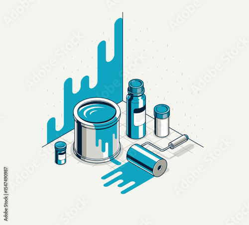 Painting walls interior vector 3D isometric illustration, diy renovation, residential flat renovate, apartment or house interior decoration.