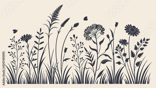 Wildflowers and grass silhouette border. Nature meadow plants banner. Floral botanical design element for backgrounds.
