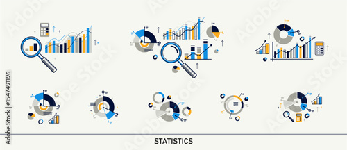 Abstract statistics infographics vector set, market trade diagrams and charts, data analysis report, presentation.
