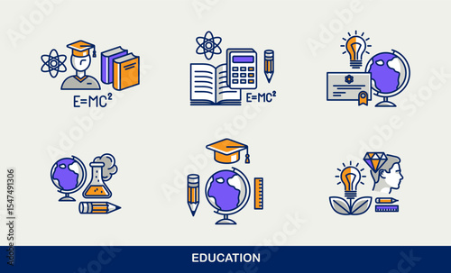 Education vector icons set, school study of science, university and academy learning, different disciplines knowledge.