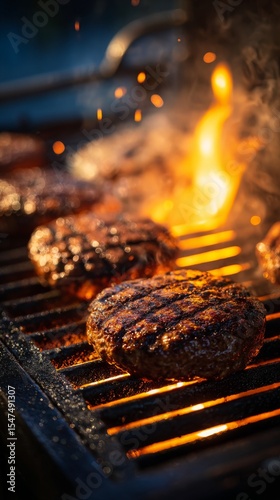 Sizzling burgers grilling over flames on outdoor barbecue grill  