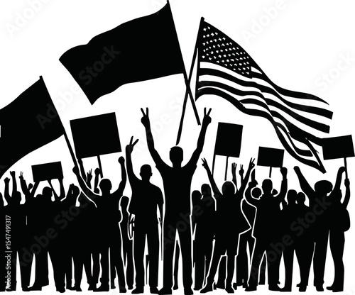 Group of people protesters vector silhouette illustration isolated. Man hand holding sign. Empty banner plate. Blank protest flag. Political agitation campaign. Demonstration social laborers rights