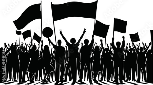 Group of people protesters vector silhouette illustration isolated. Man hand holding sign. Empty banner plate. Blank protest flag. Political agitation campaign. Demonstration social laborers rights