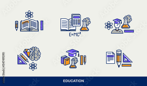Education vector icons set, university and high school study science, physics and chemistry learning.