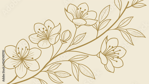 Hand drawn cherry blossom branch illustration. Vintage floral sketch for spring design, wedding invitations, and elegant backgrounds.