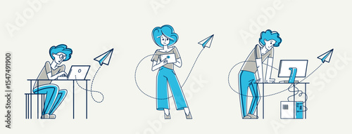 Work in social media, influencer messaging and comment some posts vector outline illustration set, support service, work with customers and audience.