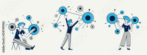 Creative worker doing some job and creating some system, inspired inventive designer or engineer composing abstract elements, vector outline illustration set.