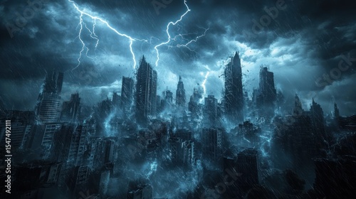 Ruined city under stormy sky
