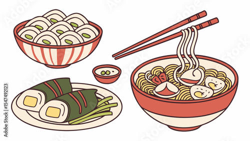 Delicious Asian food illustration with noodles, dumplings, spring rolls, and dipping sauce. Vector graphic of popular cuisine.