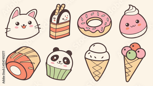 Cute Kawaii Desserts and Food Set. Adorable cartoon sweets, ice cream, donut, cake, cupcake, sushi, cat, panda characters.