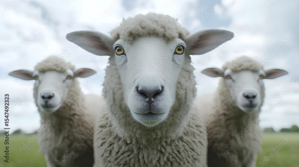 Fototapeta premium Three Sheep in a Field, sheep farm, flock, wool, lamb, agriculture