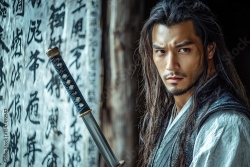 A traditional warrior with a sword standing beside a wall of calligraphy