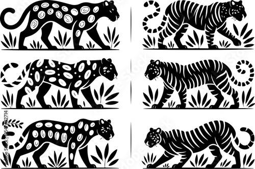 Animal  Whimsical Cats and Birds in Trees Silhouette vector