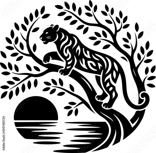 Animal  Whimsical Cats and Birds in Trees Silhouette vector