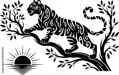 Animal  Whimsical Cats and Birds in Trees Silhouette vector