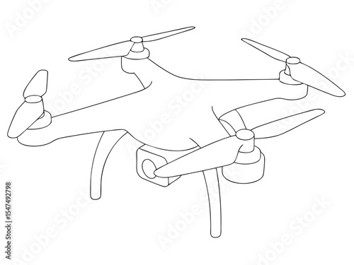 Detailed black and white illustration of a modern drone with propellers and camera component.