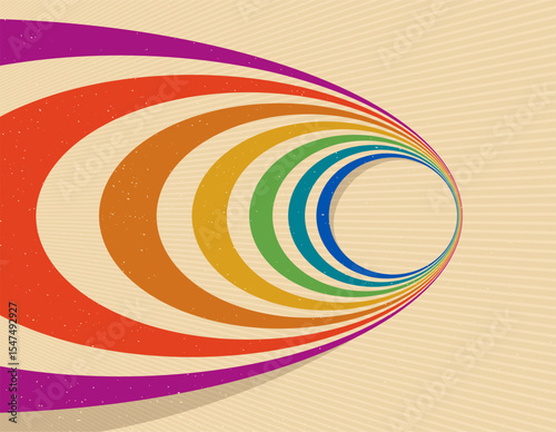 Fototapeta Naklejka Na Ścianę i Meble -  Retro style abstract background with curve lines in all colors of rainbow, 3D dimensional seventieth vector art.
