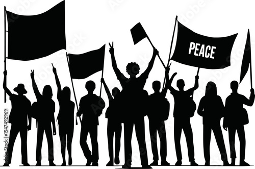 Group of people protesters vector silhouette illustration isolated. Man hand holding sign. Empty banner plate. Blank protest flag. Political agitation campaign. Demonstration social laborers rights