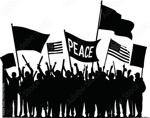 Group of people protesters vector silhouette illustration isolated. Man hand holding sign. Empty banner plate. Blank protest flag. Political agitation campaign. Demonstration social laborers rights