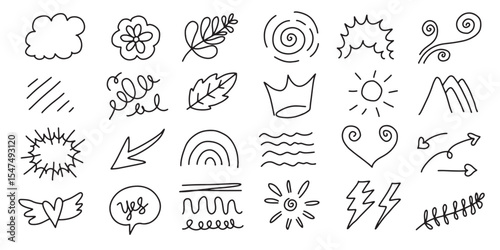 Collection of black doodles: arrows, clouds, swirls, and crowns. Playful doodles, black lines, and whimsical shapes. Perfect for creative projects and designs. 
