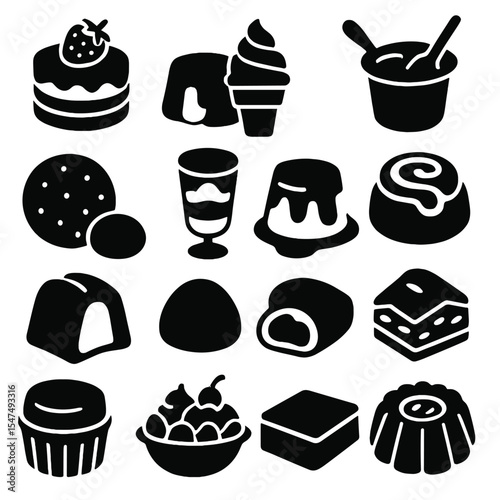 Dessert Icons Collection. Solid style icons of desserts: strawberry shortcake, chocolate lava cake, soft-serve ice cream, vanilla