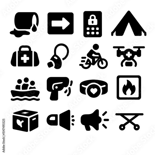 Emergency Icons Collection. Solid style icons of emergency services: emergency spill containment, evacuation sign arrow, emergency