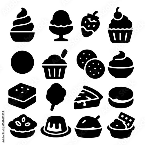 Dessert Icon Medley. Solid style icons of desserts: frozen yogurt swirl, ice cream in dish, strawberry dipped in chocolate,