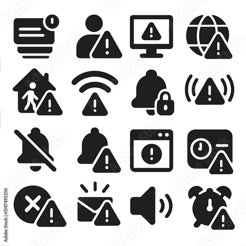 Solid Alert Icons. Solid style icons of notification and alert: alert stack with indicator, user alert icon, system crash alert